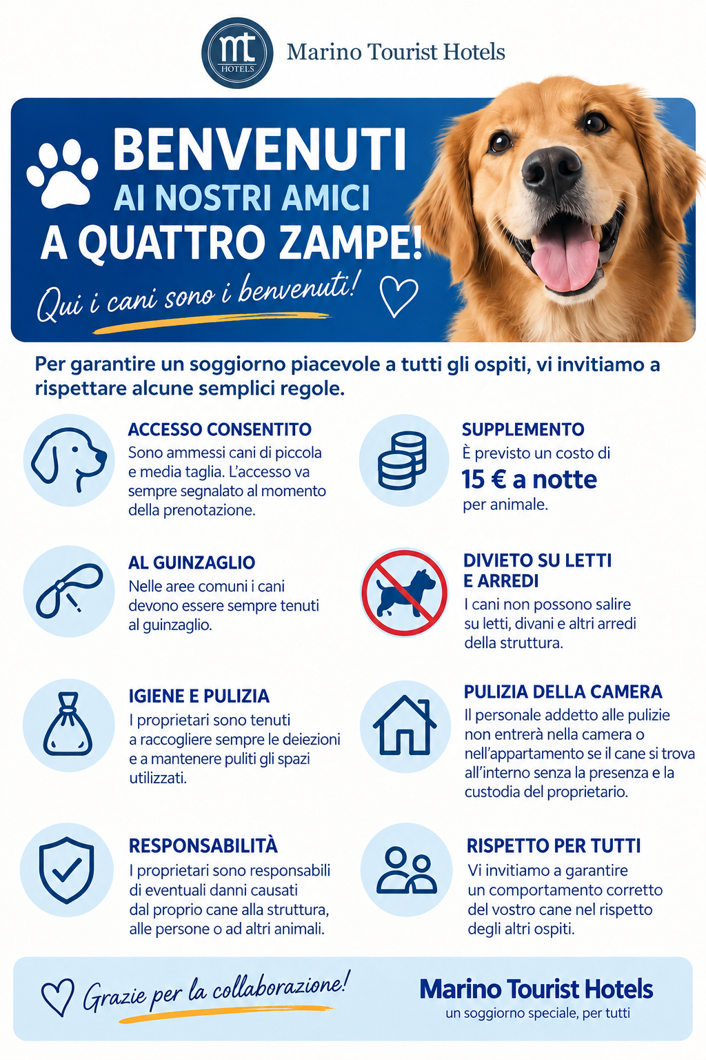 Locandina del regolamento animali Marino Tourist Hotels
