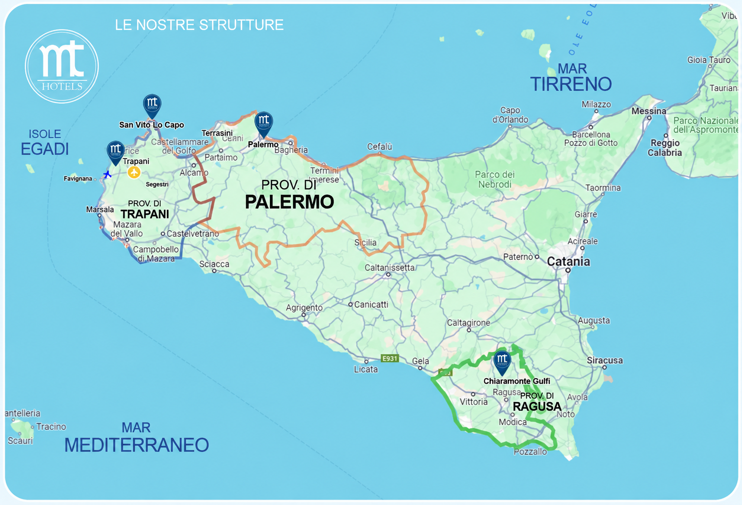 Mappa delle strutture Marino Tourist a San Vito Lo Capo, Trapani, Palermo e Chiaramonte Gulfi